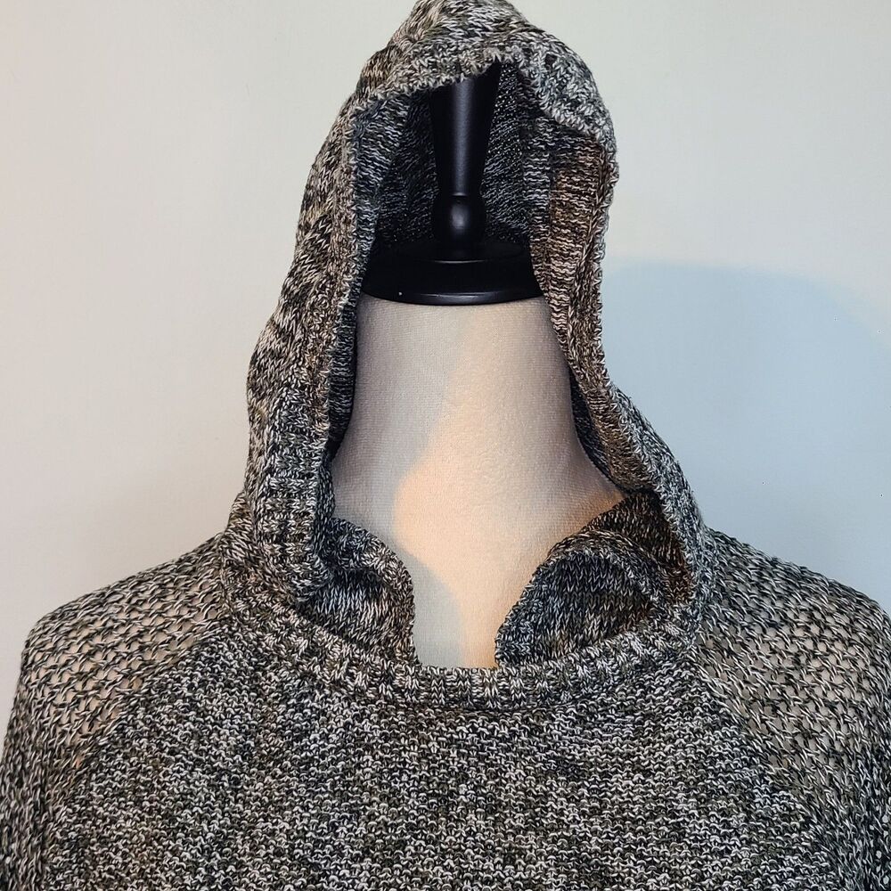 American Eagle Black White Marled Open Knit Shoulder Sleeves Hooded Sweater XL - Picture 6 of 15